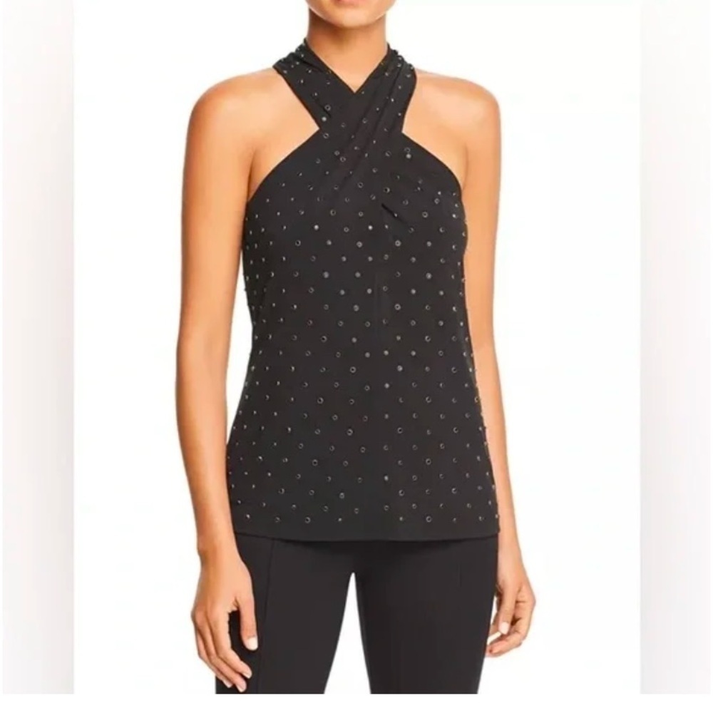 Kobi Halperin Kristine Embellished Top Black Halter Cross Neck Tank Size XS